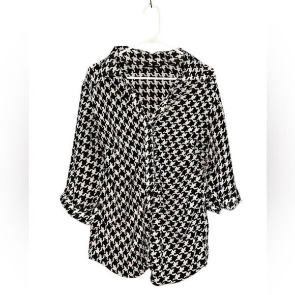 Ashley Stewart Houndstooth Black White Button Up Blouse - Picture 1 of 4